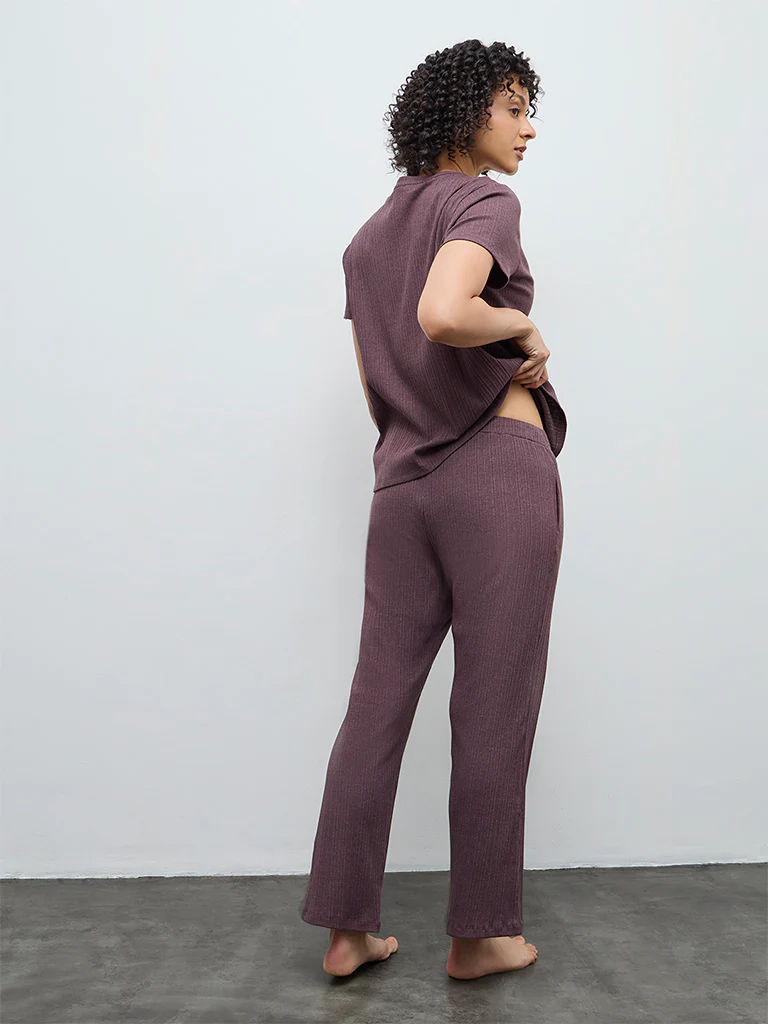 Wunderlove Dark Mauve Self-Striped High-Rise Pants - Image 4