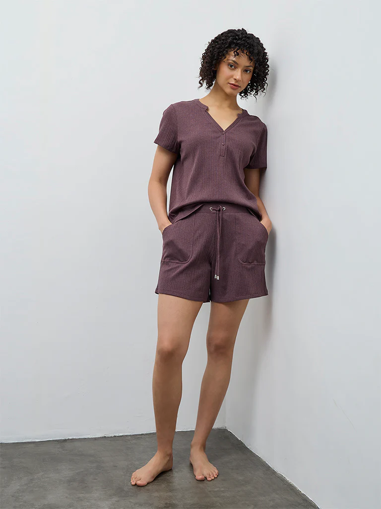 Wunderlove Dark Mauve Self-Striped High-Rise Shorts