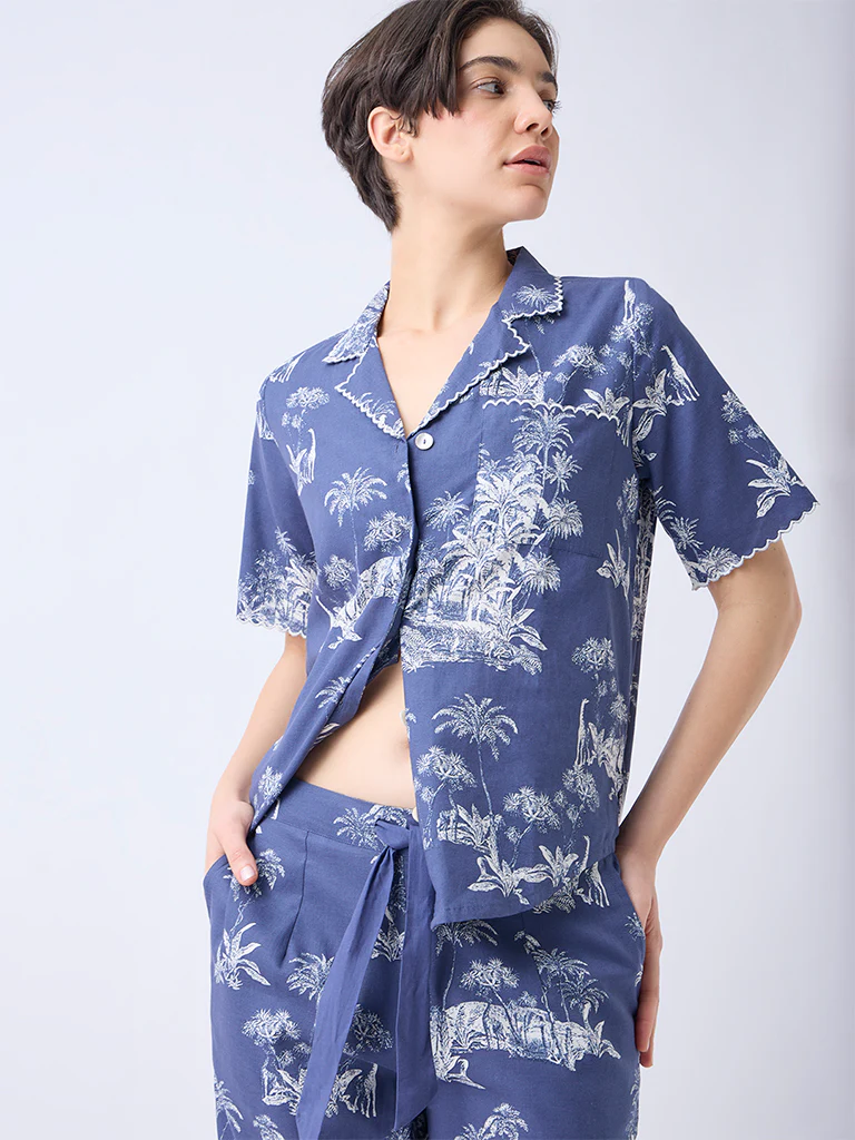 Wunderlove Dusty Blue Cotton Shirt and Pyjama Set - Image 3
