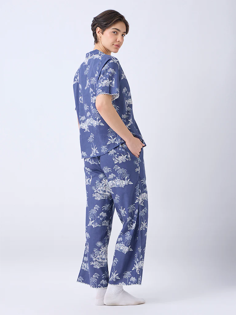 Wunderlove Dusty Blue Cotton Shirt and Pyjama Set - Image 4