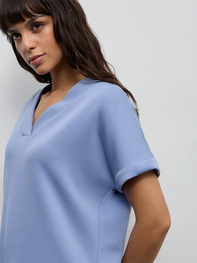 Wunderlove Dusty Blue Solid V-Neck Top - Image 3