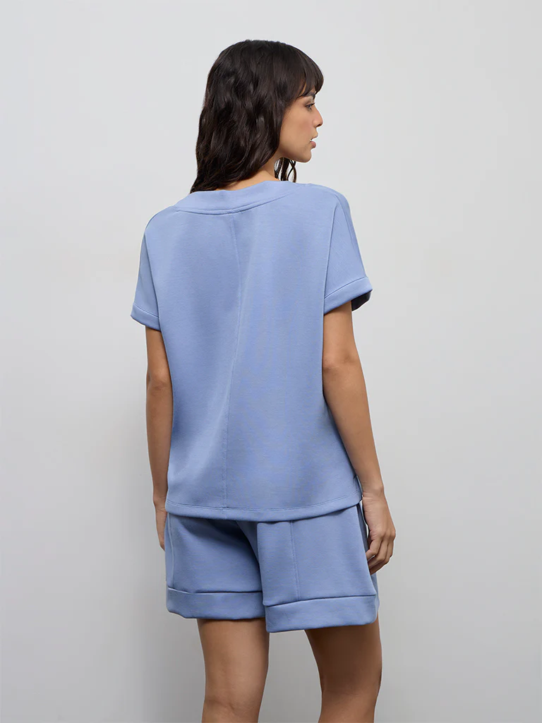 Wunderlove Dusty Blue Solid V-Neck Top - Image 4