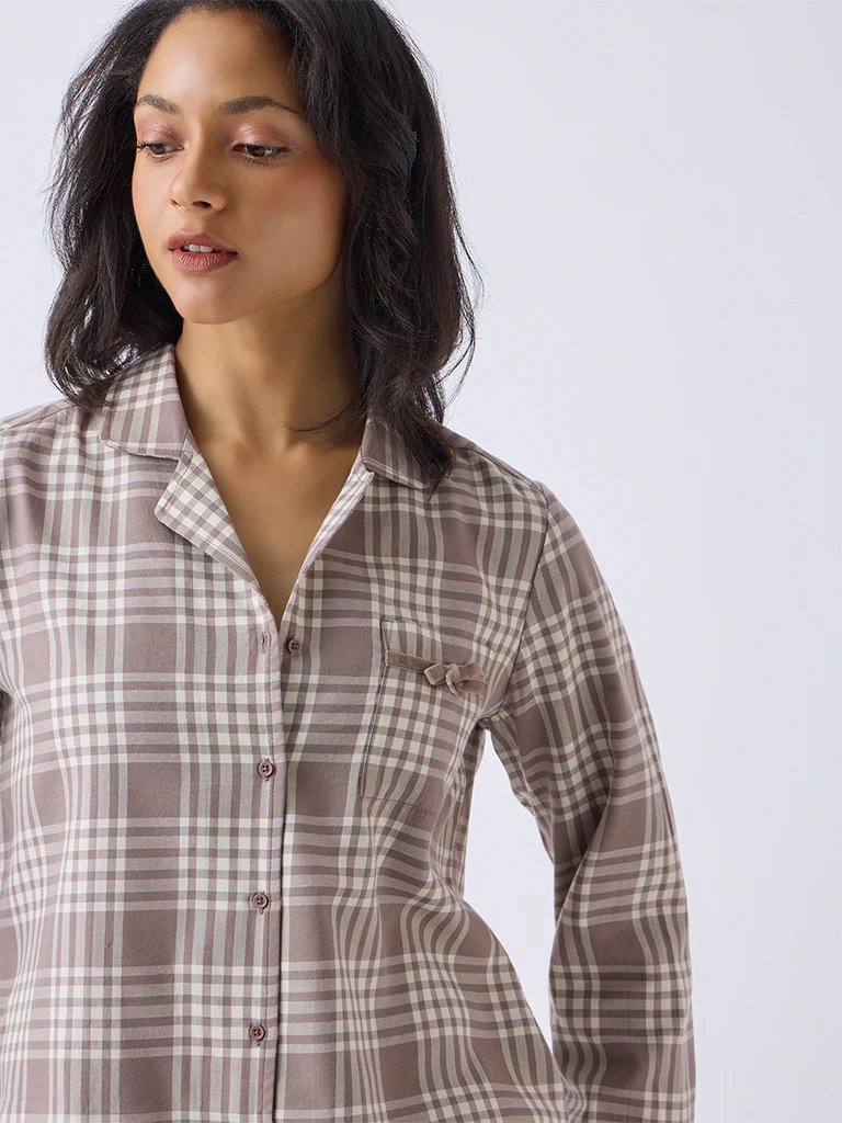 Wunderlove Dusty Brown Cotton-Blend Shirt and Pyjamas Set - Image 3