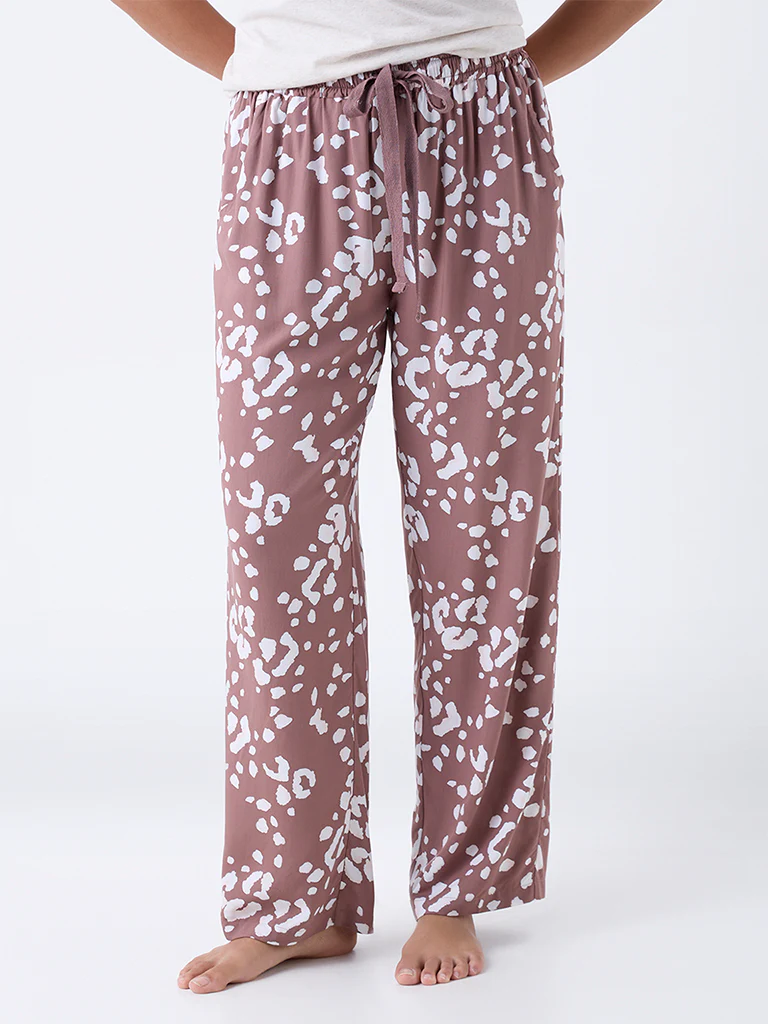 Wunderlove Dusty Brown Printed High-Rise Cotton Pants - Image 2