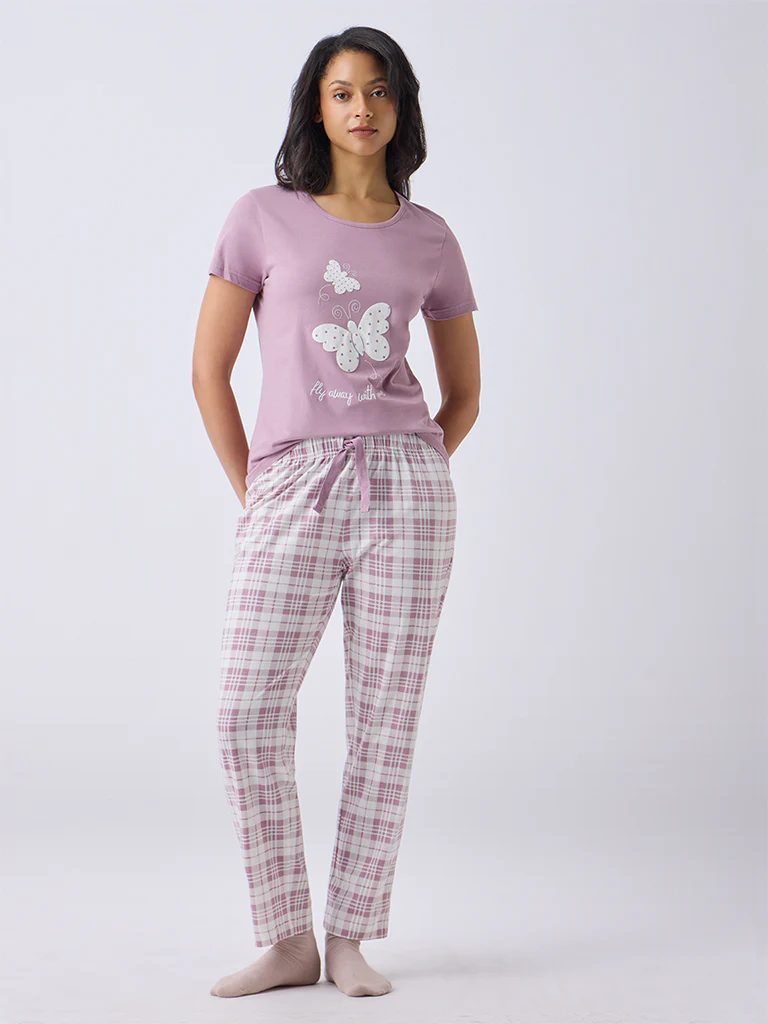 Wunderlove Dusty Pink Butterfly Printed Cotton T-Shirt
