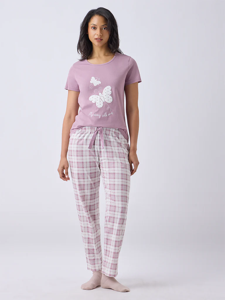 Wunderlove Dusty Pink Butterfly Printed Cotton T-Shirt - Image 2