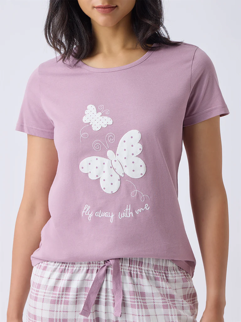 Wunderlove Dusty Pink Butterfly Printed Cotton T-Shirt - Image 4