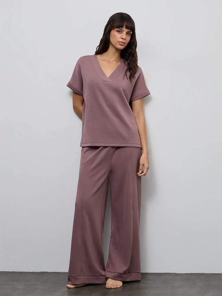 Wunderlove Dusty Pink Solid V-Neck Top - Image 2