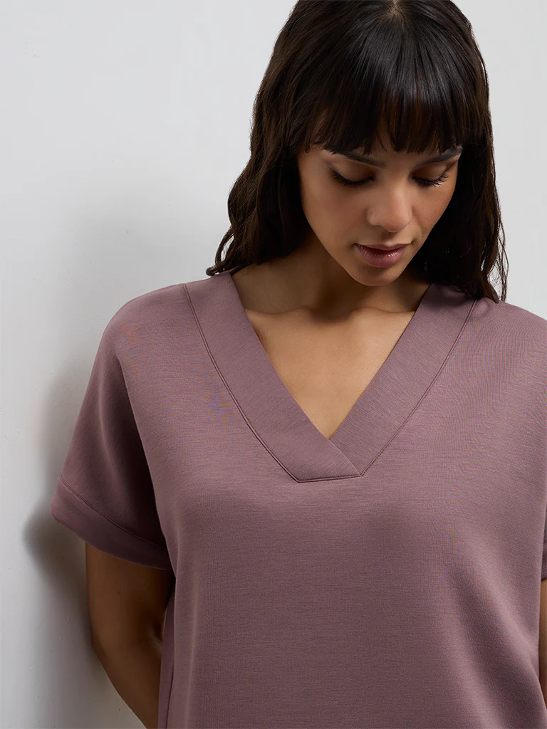 Wunderlove Dusty Pink Solid V-Neck Top - Image 3