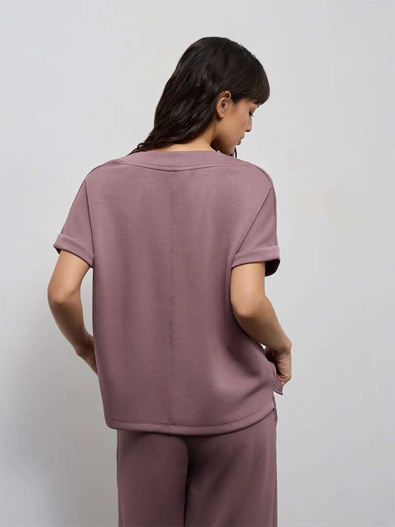 Wunderlove Dusty Pink Solid V-Neck Top - Image 4
