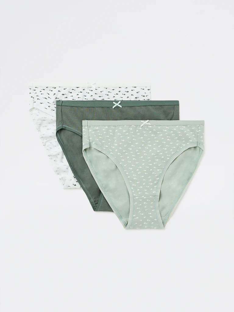 Wunderlove Green Floral Printed Cotton-Blend Hi-Leg Briefs - Pack of 3 - Image 2