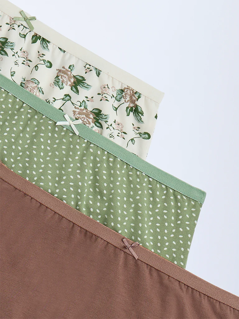 Wunderlove Green Printed Cotton-Blend Briefs - Pack of 3 - Image 2