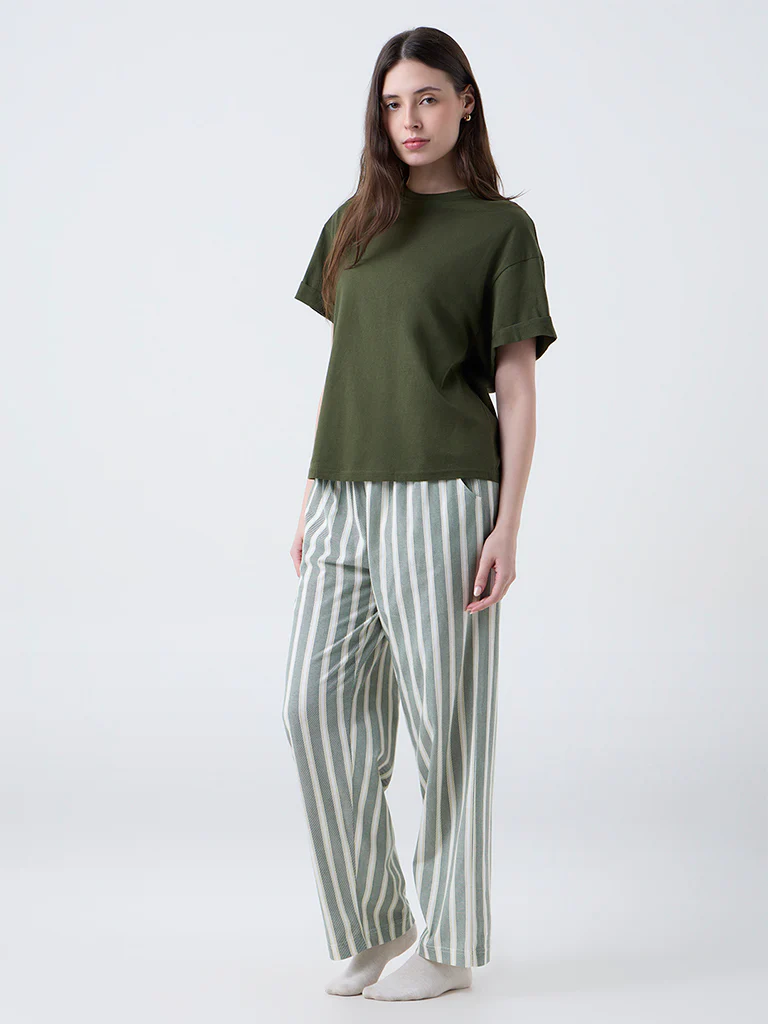 Wunderlove Green Striped Cotton High-Rise Lounge Pants