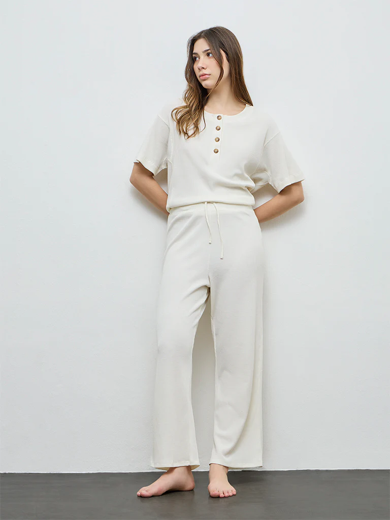 Wunderlove Ivory Waffle-Textured High-Rise Pants