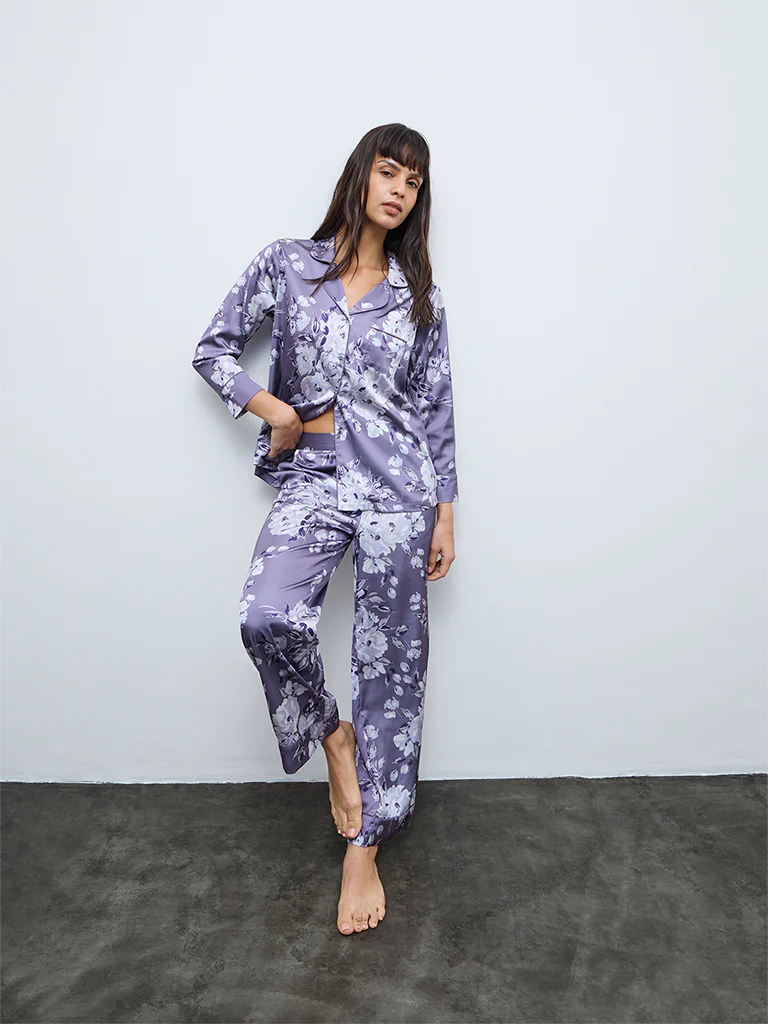 Wunderlove Lavender Floral Satin Shirt and Pyjama Set
