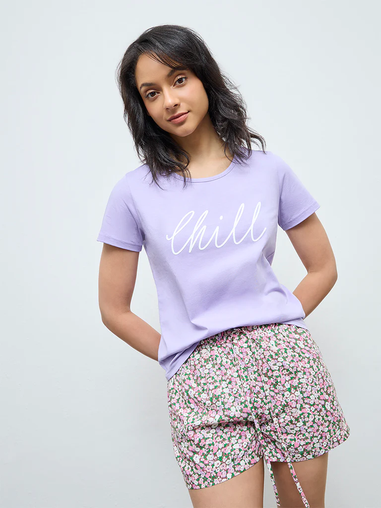 Wunderlove Lavender Text Printed Cotton T-Shirt