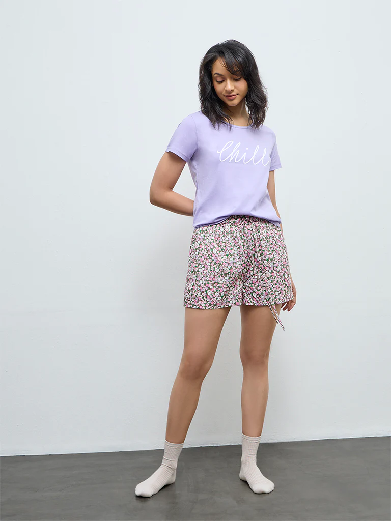 Wunderlove Lavender Text Printed Cotton T-Shirt - Image 2