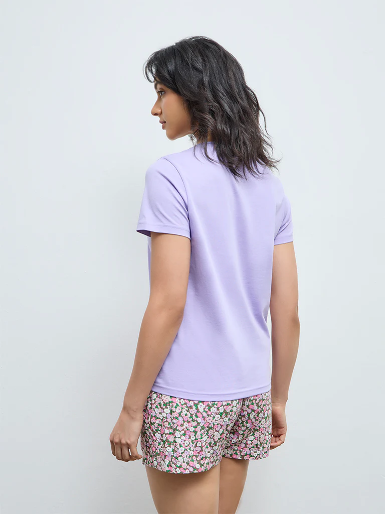 Wunderlove Lavender Text Printed Cotton T-Shirt - Image 4