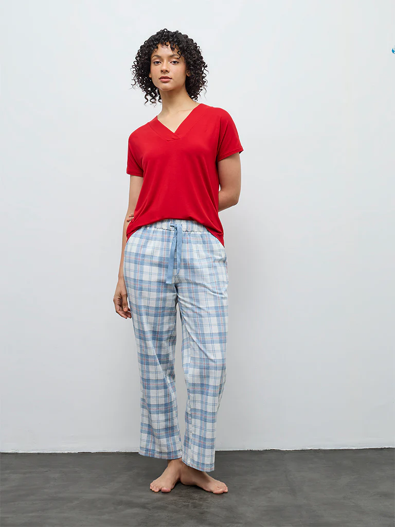 Wunderlove Light Blue Checkered High-Rise Cotton Pyjamas