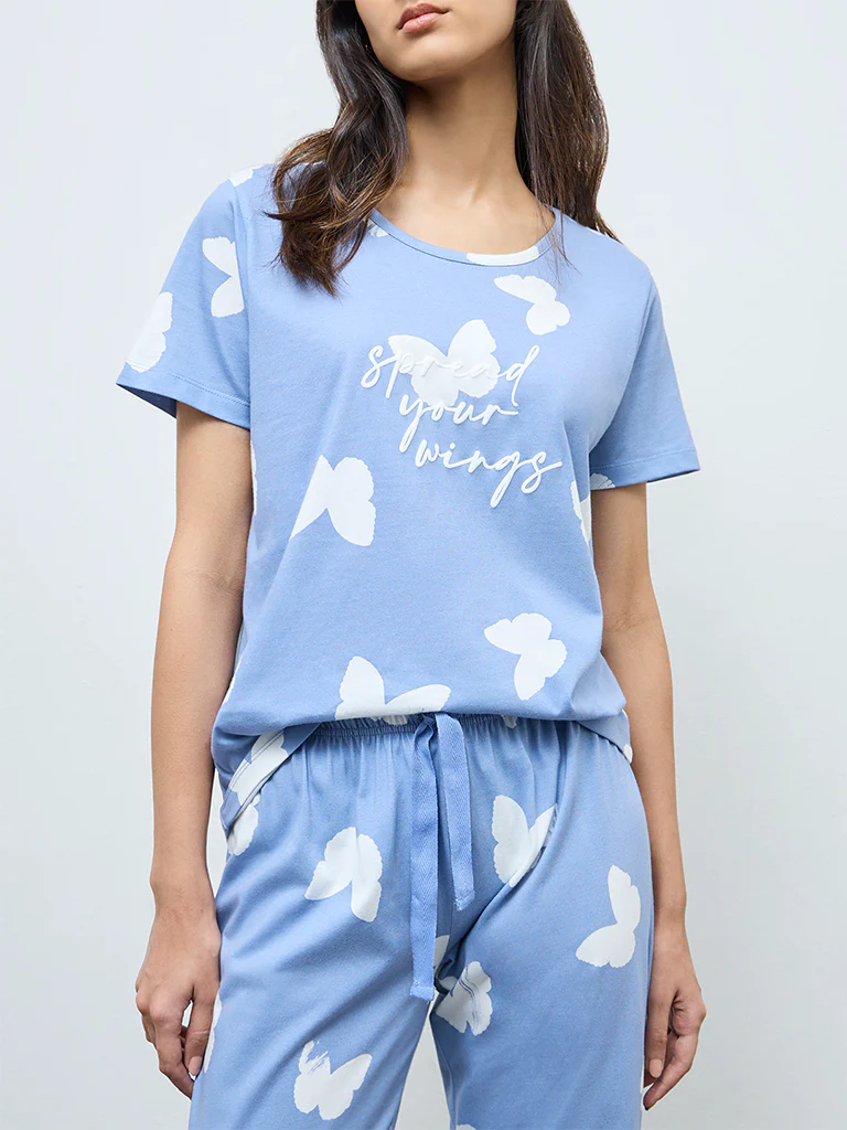 Wunderlove Light Blue Printed Cotton Pyjamas Set In A Bag - Image 3