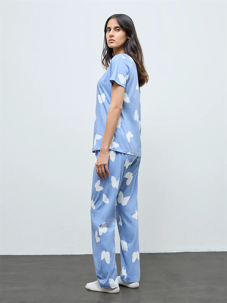 Wunderlove Light Blue Printed Cotton Pyjamas Set In A Bag - Image 4