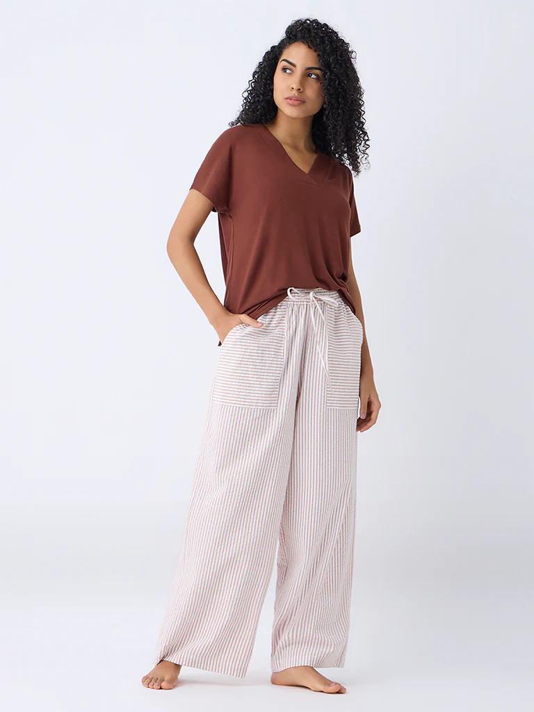 Wunderlove Light Brown Wide-Leg High-Rise Cotton Pants
