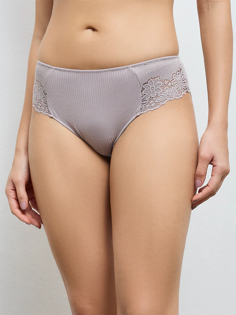 Wunderlove Light Grey Lace-Detailed Hipster Briefs - Image 2