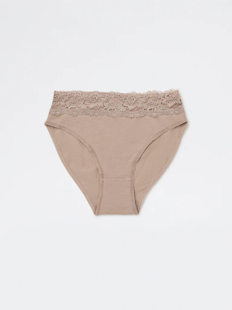 Wunderlove Light Taupe Lace Detailed Hi-Leg Cotton-Blend Briefs - Pack of 3