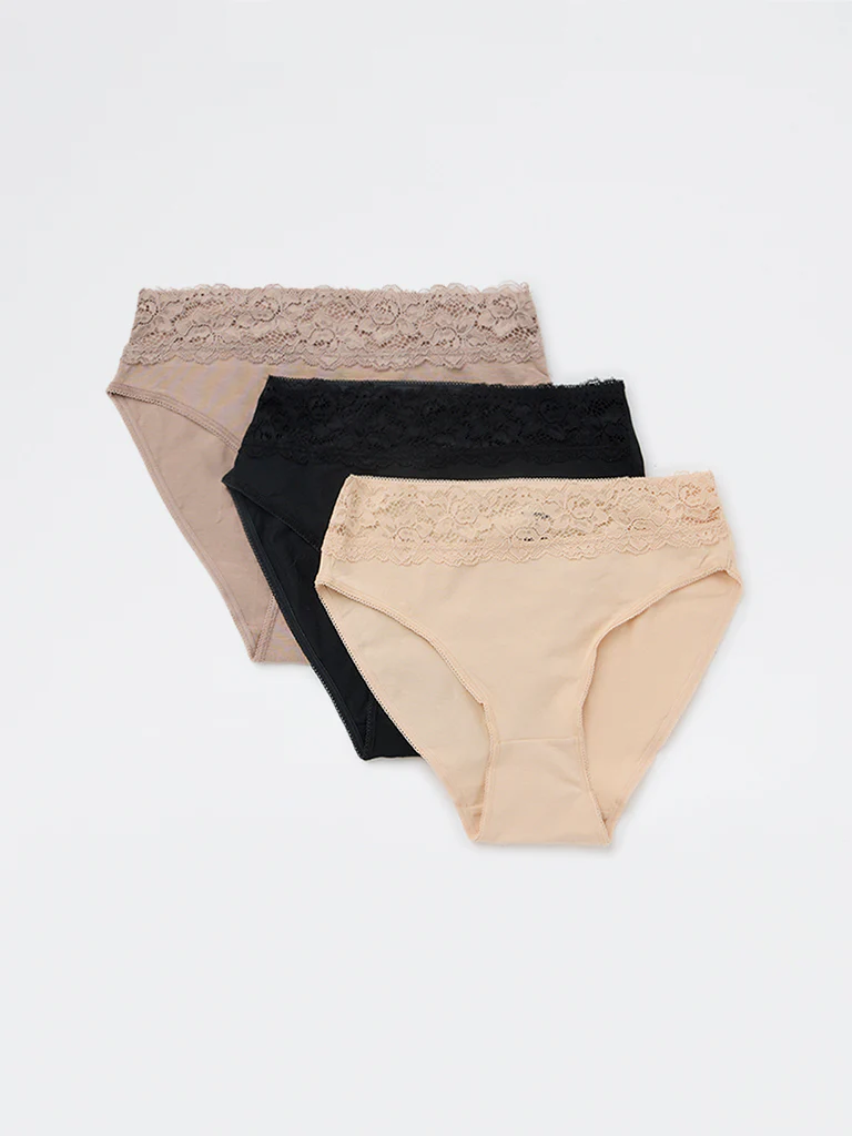 Wunderlove Light Taupe Lace Detailed Hi-Leg Cotton-Blend Briefs - Pack of 3 - Image 3