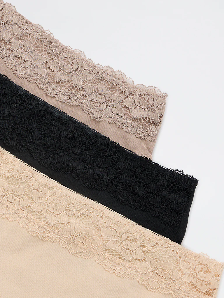 Wunderlove Light Taupe Lace Detailed Hi-Leg Cotton-Blend Briefs - Pack of 3 - Image 4