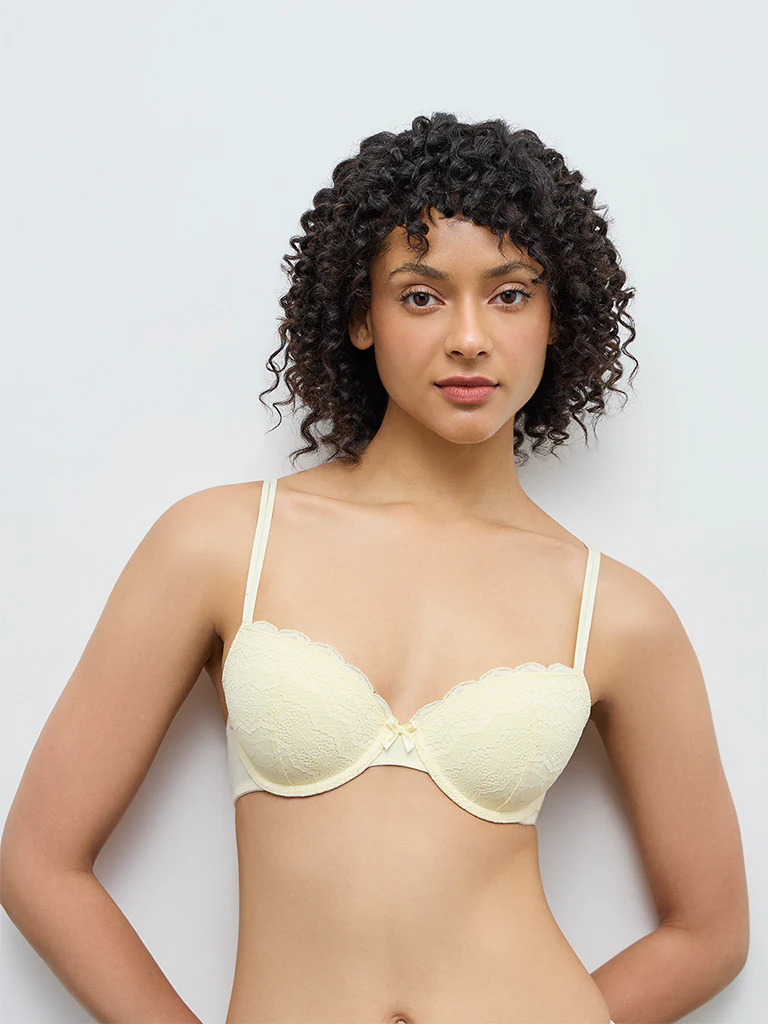 Wunderlove Light Yellow Lace Cotton-Blend Underwired Bra - Image 2
