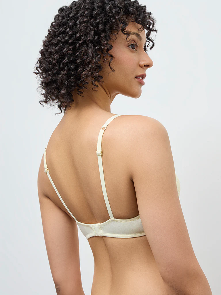 Wunderlove Light Yellow Lace Cotton-Blend Underwired Bra - Image 4