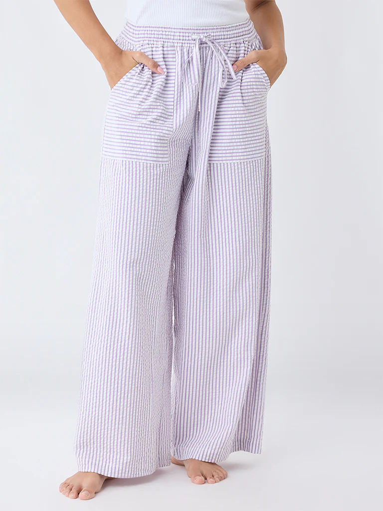 Wunderlove Lilac Seersucker Striped High-Rise Cotton Pants - Image 2