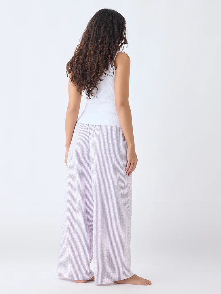 Wunderlove Lilac Seersucker Striped High-Rise Cotton Pants - Image 4