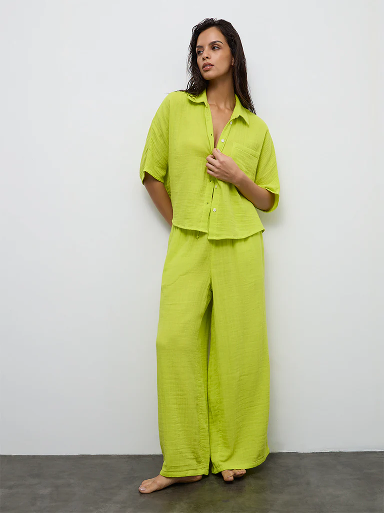 Wunderlove Lime Crinkle-Textured Cotton Beach Shirt - Image 2
