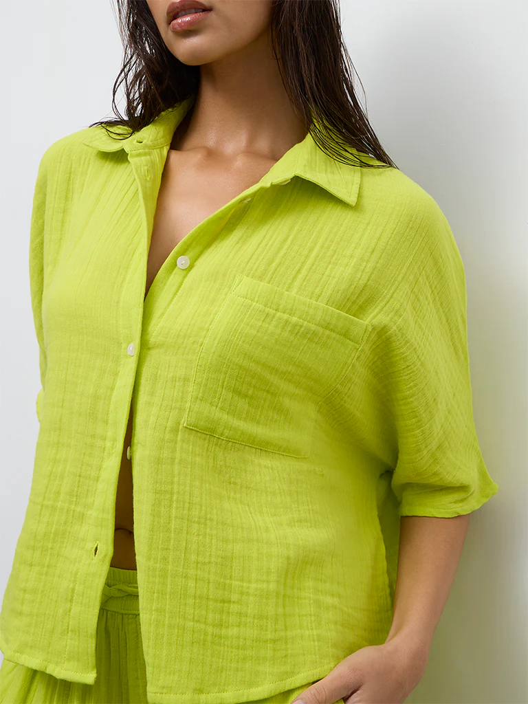 Wunderlove Lime Crinkle-Textured Cotton Beach Shirt - Image 3