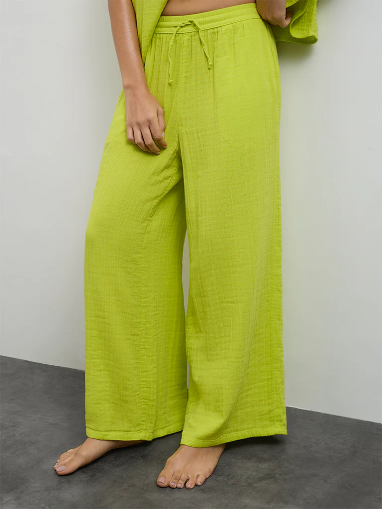 Wunderlove Lime Crinkle-Textured High-Rise Cotton Beach Pants - Image 2