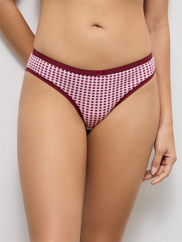 Wunderlove Maroon Printed Cotton-Blend Bikini Briefs - Pack of 3 - Image 2