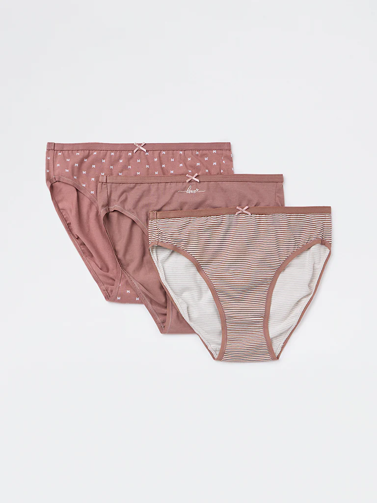 Wunderlove Mauve Bikini Cotton-Blend Briefs - Pack of 3 - Image 2