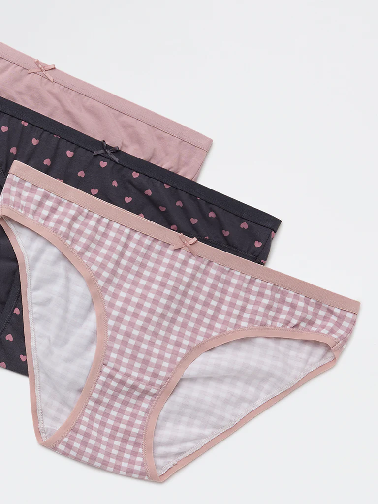 Wunderlove Mauve Printed Cotton-Blend Bikini Briefs - Pack of 3 - Image 6