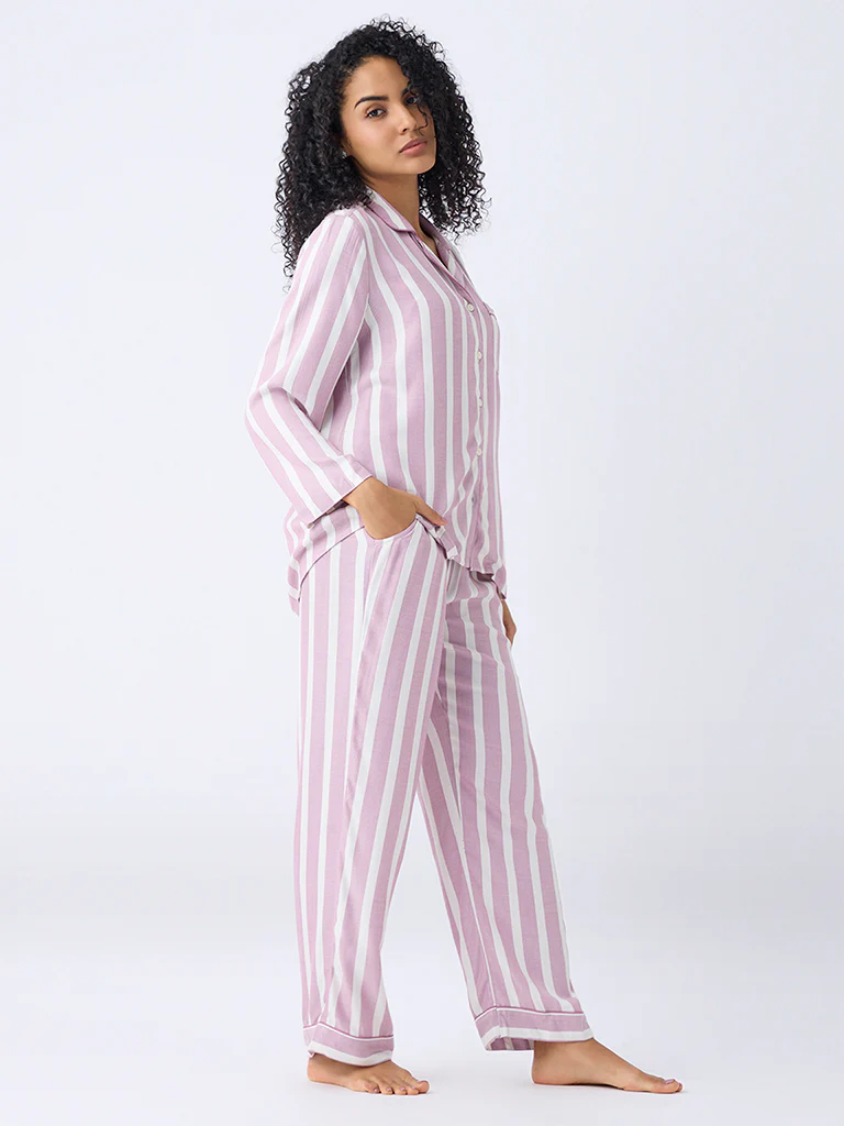 Wunderlove Mauve Striped Shirt and Pyjama Set - Image 2