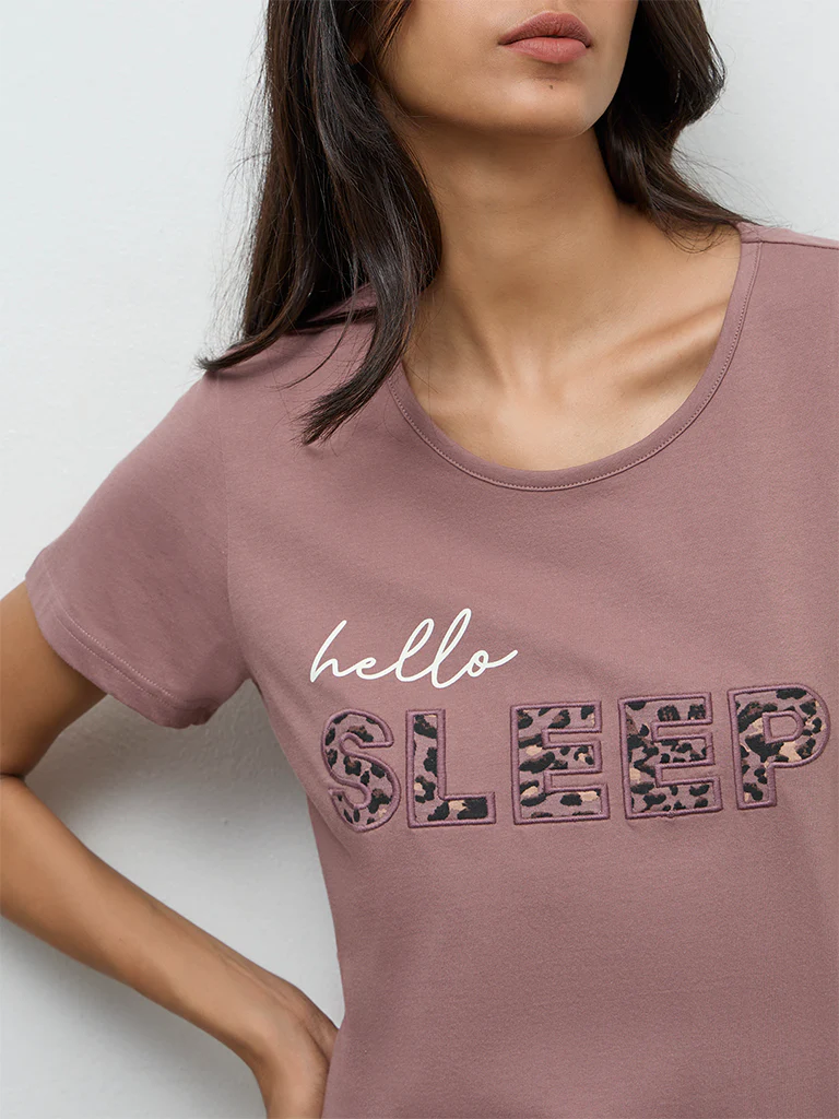 Wunderlove Mauve Typographic Cotton T-Shirt - Image 3