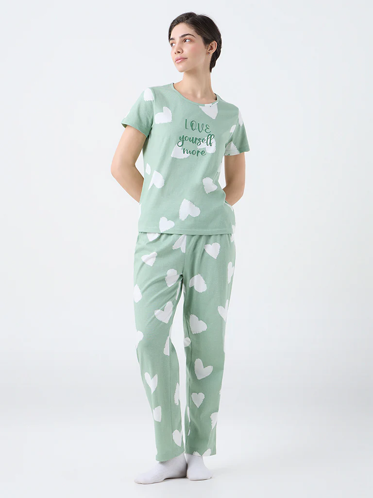 Wunderlove Mint Heart Printed Cotton T-Shirt and Pyjamas Set - Image 2