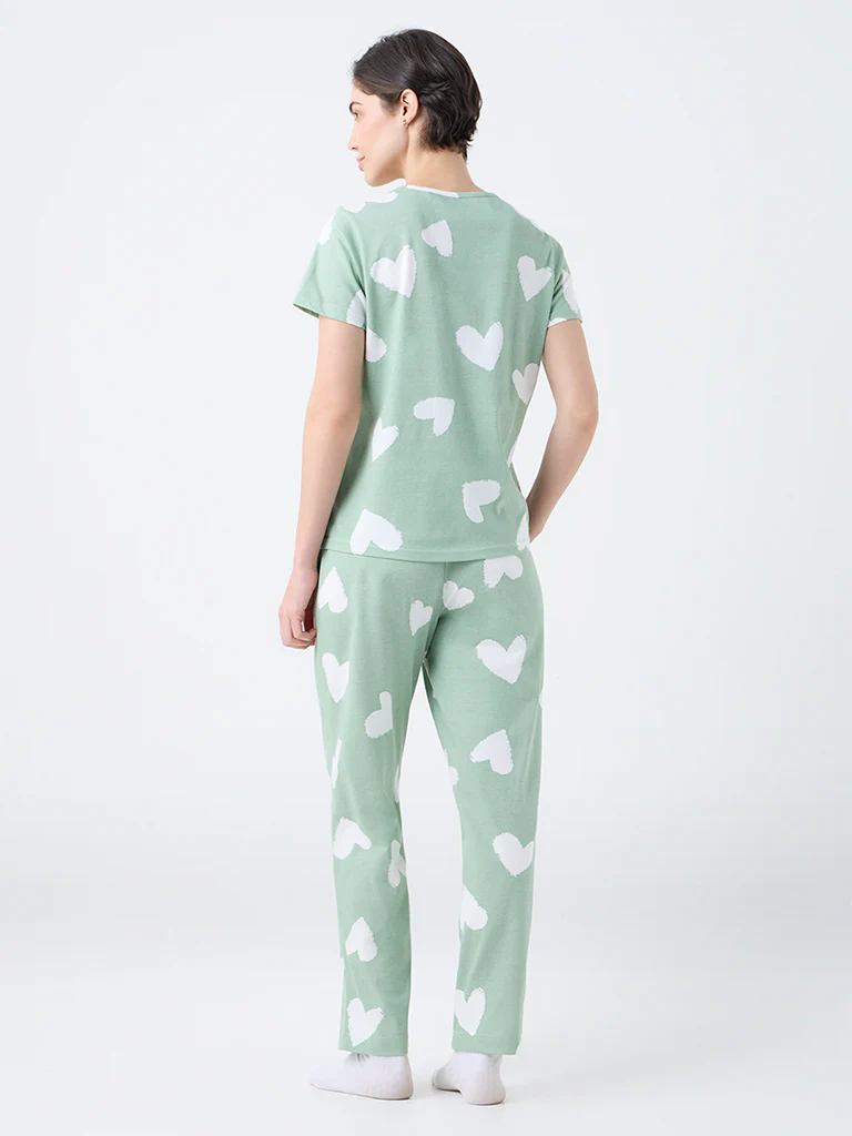 Wunderlove Mint Heart Printed Cotton T-Shirt and Pyjamas Set - Image 4