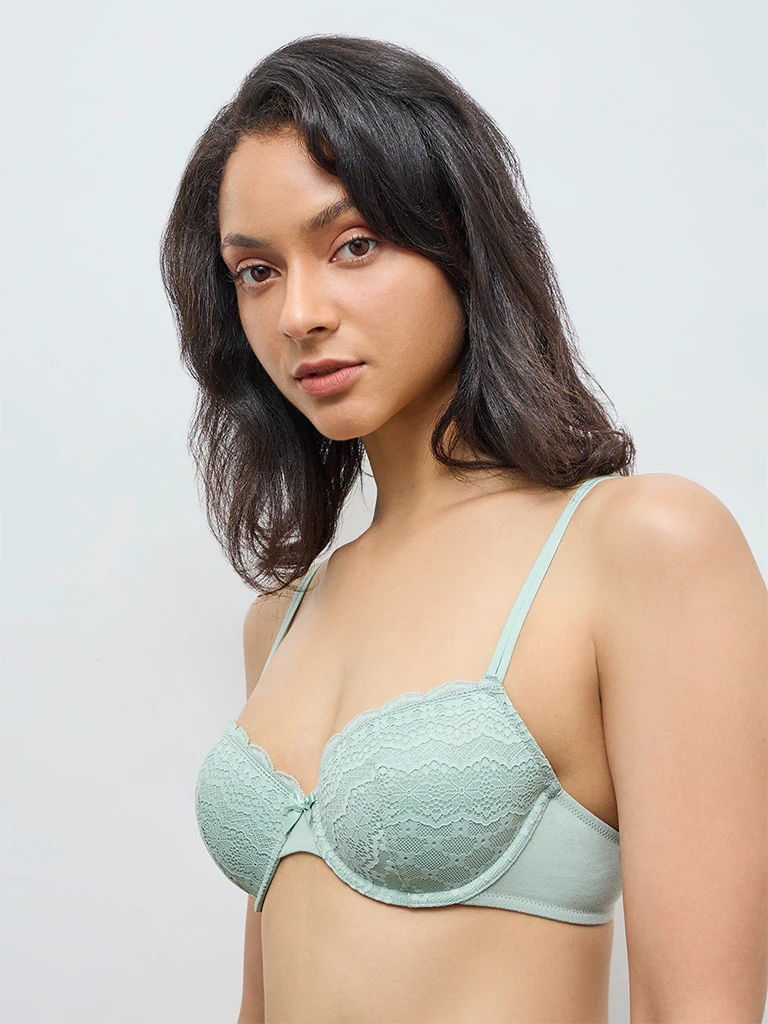 Wunderlove Mint Lace Detailed Cotton-Blend Underwired Bra - Image 2