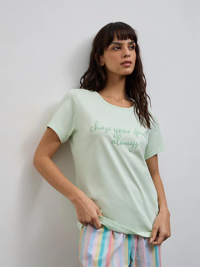 Wunderlove Mint Text Design Cotton T-Shirt - Image 2