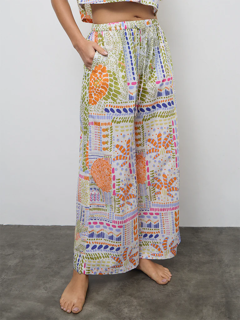 Wunderlove Multicolor Printed High-Rise Cotton Beach Pants - Image 2
