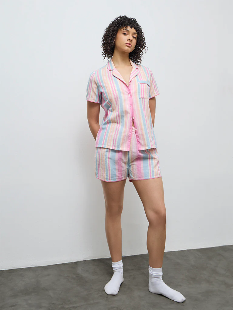 Wunderlove Multicolour Striped Cotton Shirt and Shorts Set