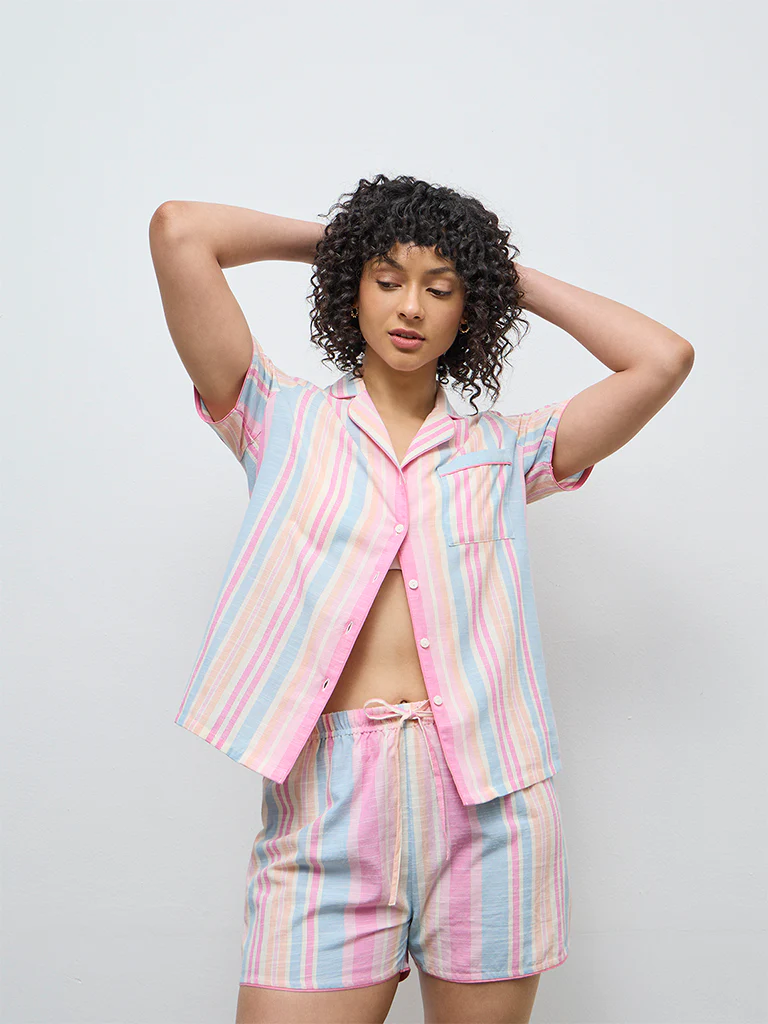 Wunderlove Multicolour Striped Cotton Shirt and Shorts Set - Image 2