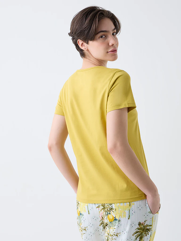Wunderlove Mustard Text Design Cotton T-Shirt - Image 4